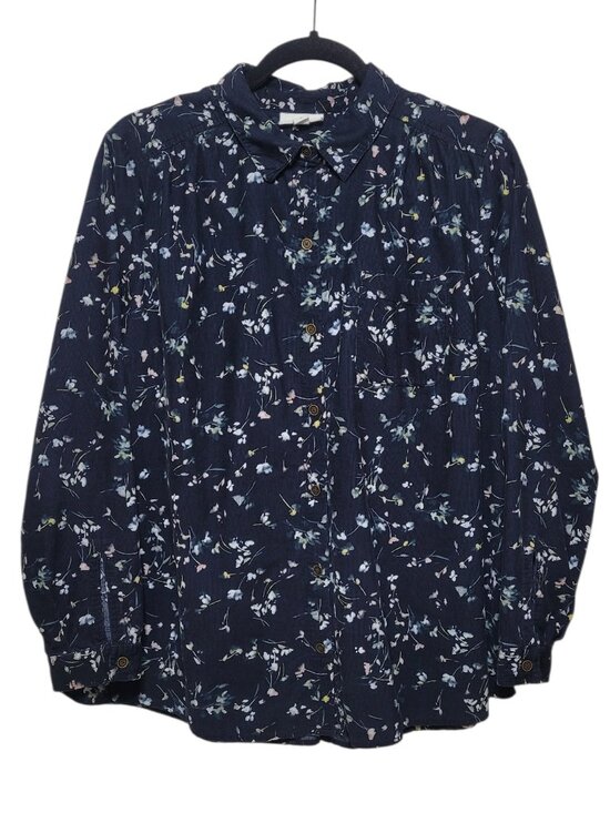 J. Jill Tops - J. Jill Navy Blue Floral Corduroy Button Down Blouse Top Medium Coastal Grandma